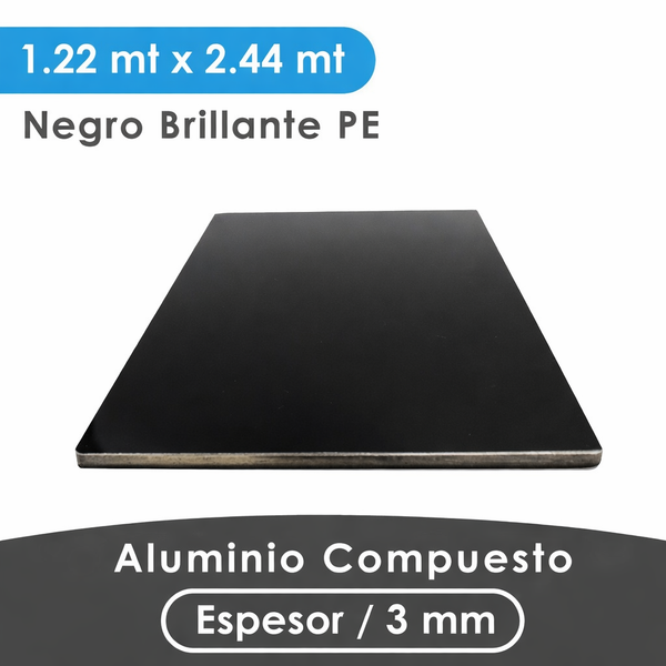 ALUMINIO COMPUESTO ALUKOMP NEGRO BRILLANTE PE 3MM/ 0.18 MM  1.22X2.44 MTS