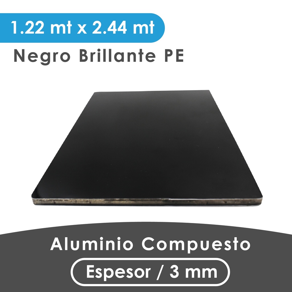 ALUMINIO COMPUESTO ALUKOMP NEGRO GLOSSY PE 3MM/ 0.18 MM  1.22X2.44 MTS